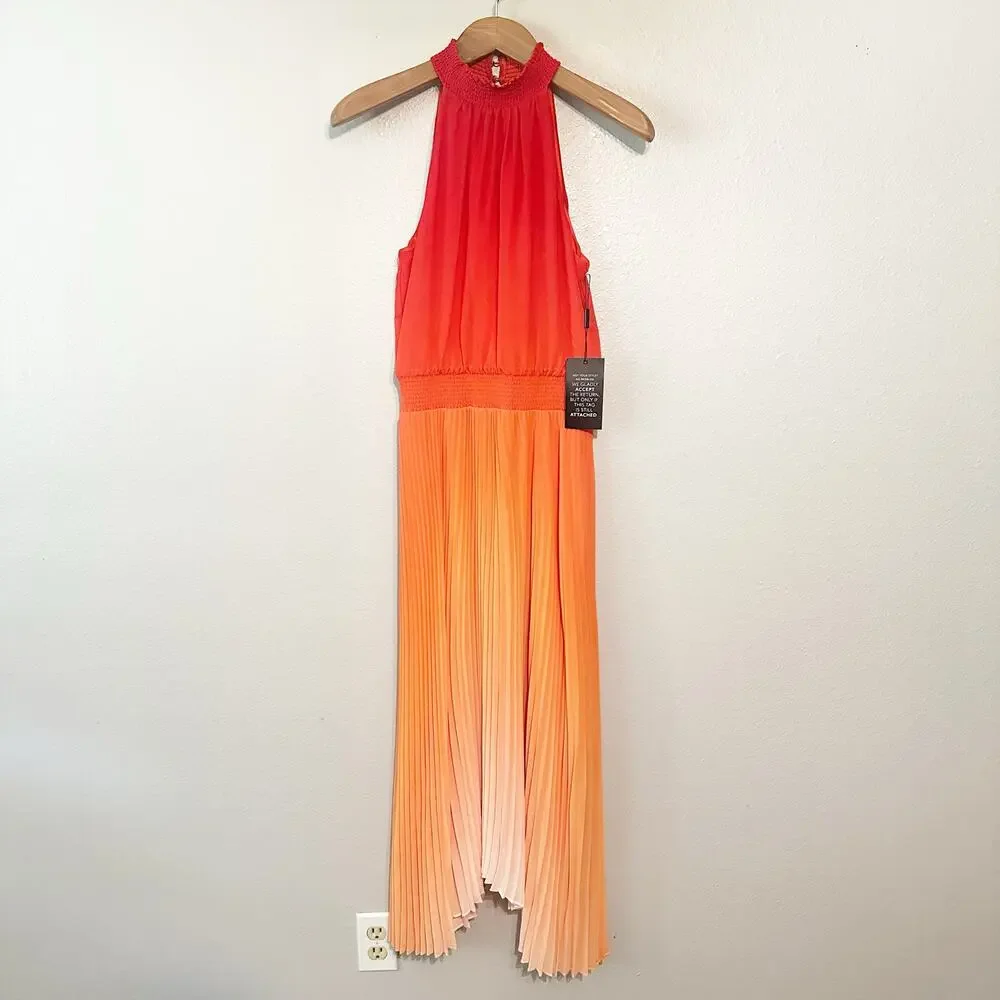 WHBM Orange Ombre Halter Pleated Shark-bite Midi Dress women’s size 6 NEW - Picture 3 of 12